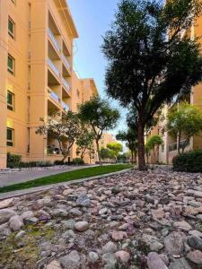 a cobblestone street with a tree and a building at Charming 1BR in The Greens, Near Metro in Dubai