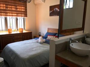 sypialnia z łóżkiem, umywalką i lustrem w obiekcie Mungur villa w mieście Flic-en-Flac
