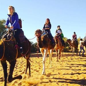 een groep mensen die paardrijden op het zand bij Camp Sahara Majestic in Mhamid