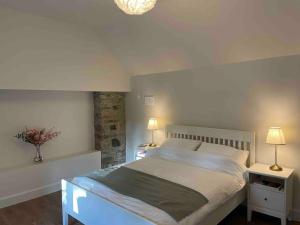 a bedroom with a large bed with two lamps on it at The Coach House, Clonakilty in Clonakilty