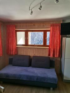 Ferienwohnung Hohe Wand في هيليغنبلت: غرفة نوم مع أريكة زرقاء وستائر حمراء