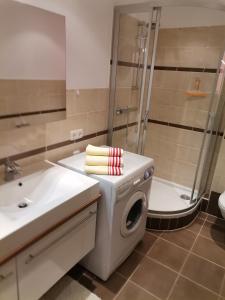 a bathroom with a washing machine and a shower at Ferienwohnung Hohe Wand in Heiligenblut +32 photos