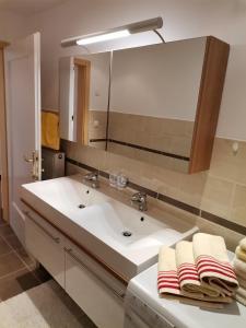 a bathroom with a sink and a large mirror at Ferienwohnung Hohe Wand in Heiligenblut