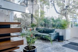a living room with a couch and some plants at Urban Tower A211 in Playa del Carmen