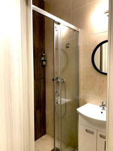 a bathroom with a shower and a sink at MiniCity Inn in Belgrade +29 photos