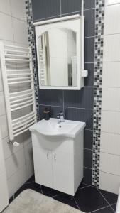 een badkamer met een witte wastafel en een spiegel bij Apartman Vukota Pirot in Pirot