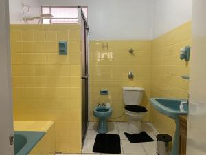 a bathroom with a toilet and a sink at Pousada Hostel Dodora in Bento Gonçalves