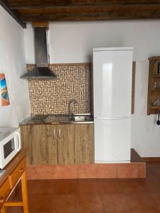 a kitchen with a white refrigerator and a microwave at Club JM Lanzarote in Tabayesco