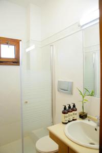 een badkamer met een wastafel, een toilet en een douche bij Meir Dizengoff Residence with Shelter in Tel Aviv