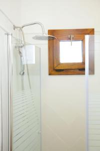 ducha con puerta de cristal y espejo en Meir Dizengoff Residence with Shelter, en Tel Aviv