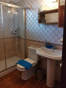 a bathroom with a toilet and a sink and a shower at Fully equipped seaview Cabezo flat in El Médano +26 photos