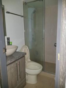 y baño con aseo, lavabo y ducha. en Apartamento amoblado Central 148, en Bogotá