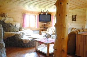 a living room with couches and a tv in a cabin at Horáreň pod Dobákom in Lazisko