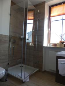ローテンブルク・オプ・デア・タウバーにあるバイエリッシャー ホフのバスルーム(ガラス張りのシャワー、トイレ付)