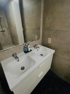 La salle de bains est pourvue d'un lavabo blanc et d'un miroir. dans l'établissement Le Saint Laurent, à Liège