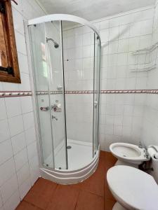 y baño con ducha y aseo. en Casa Estilo Cabaña, Bosque Peralta Ramos en Mar del Plata