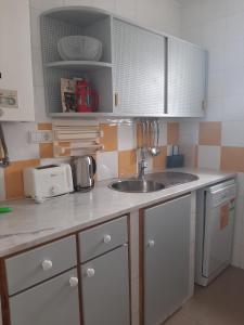 eine Küche mit einer Spüle und einer Arbeitsplatte in der Unterkunft Casa Azul in Odeceixe