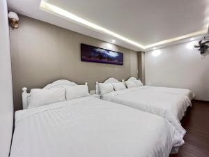 2 camas en una habitación con TV en la pared en Tuyet Mai Hotel en Da Lat