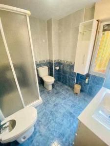 a bathroom with a toilet and a shower and a sink at La casa de Joséal lado del paseo Begoña in Gijón