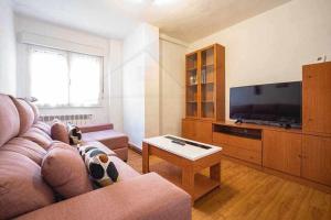 a living room with a couch and a flat screen tv at Pintor Pelayo in Gijón