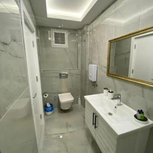 La salle de bains est pourvue d'un lavabo, de toilettes et d'un miroir. dans l'établissement Hasanbey Apart Otel, à Belek