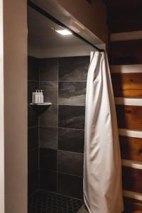 een douche met een douchegordijn in de badkamer bij Serenity Ridge Cabin at 36 North - Hot Tub in Purlear