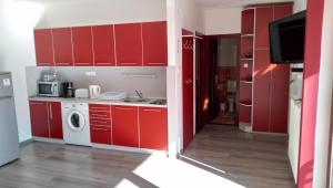 シオーフォクにあるKira apartman Siófokのキッチン(赤いキャビネット、洗濯機付)