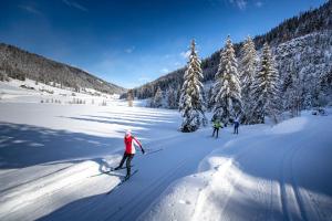 three people are skiing down a snow covered slope at Gästehaus Biobauernhof Mandl in Murau