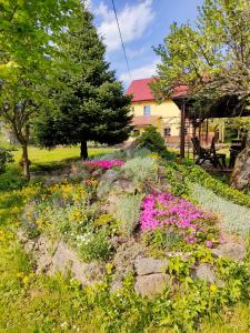 un giardino con fiori rosa e viola in un cortile di Agroturystyka Przystanek Góry Sowie a Ludwikowice Kłodzkie