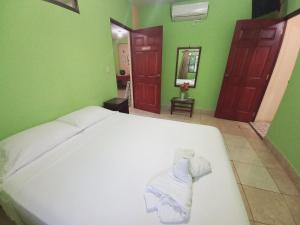 萊昂的住宿－Hostal San Antonio，卧室设有白色的床和绿色的墙壁