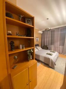 une chambre avec un lit et une étagère dans l'établissement Cozy mountain apartament near the Gondola lift, à Bansko