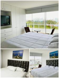 two pictures of a bedroom with a bed and a table at Solymar Beach House - Paracas in Paracas