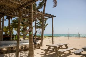 a picnic table and a bench on the beach at Casa Camara in Sian ka'an in Punta Allen