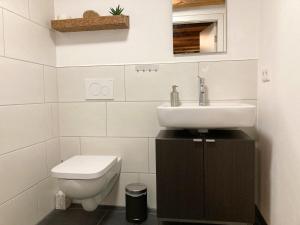 a white bathroom with a sink and a toilet at PEARLs - Stilvolle Wohnung zwischen dem Schwarzwald & der Schweiz in Stühlingen +22 photos