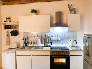 a kitchen with a sink and a stove top oven at PEARLs - Stilvolle Wohnung zwischen dem Schwarzwald & der Schweiz in Stühlingen