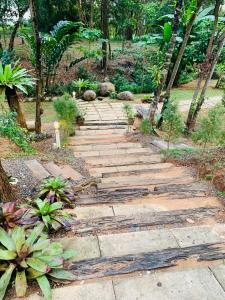 a stone walkway in a garden with trees at Snapper House in Khao Lak