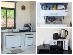 due foto di una cucina con forno a microonde e piano di lavoro di Snapper House a Khao Lak