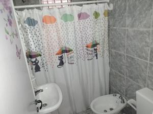 y baño con cortina de ducha, aseo y lavamanos. en Mini Complejo Familiar Roque en Mina Clavero