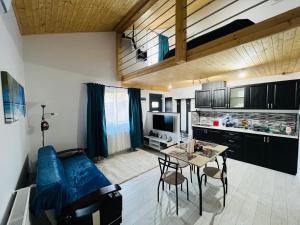 Il comprend une cuisine et un salon avec une table et un canapé. dans l'établissement Reny's Studio Apartments -Hiperbara, à Livezeni