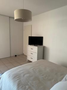 um quarto com uma cama e uma televisão numa cómoda em T2 Port Marianne avec balcon et place de parking em Montpellier