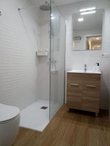 uma casa de banho com um chuveiro, um WC e um lavatório. em BL Holidays em Arrecife