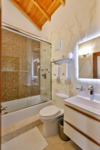 a bathroom with a toilet and a shower and a sink at Cheerful 3 -bedroom villa with Pool in Tortola Island