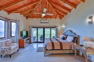 Tortola IslandにあるCheerful 3 -bedroom villa with Poolのベッドルーム1室(ベッド1台、ソファ、テーブル付)