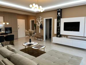 SAS 2 Luxury Apartments في مامايا: غرفة معيشة مع أريكة وتلفزيون