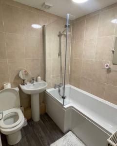 uma casa de banho com um WC, um lavatório e uma banheira em Rosemoor view. em Great Torrington
