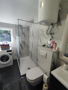 a small bathroom with a toilet and a sink at Apartman Oaza - Ploče, Croatia in Ploče