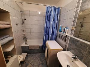 a bathroom with a sink and a shower and a tub at Sunny Apartman in Siófok