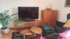 un soggiorno con TV su un centro di intrattenimento in legno di Beauregard-Sous-Gare a Losanna
