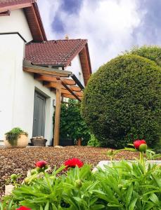 una casa con flores rojas delante de ella en Ferienhaus am Tor zur Wachau, en Eggendorf