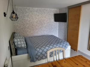 - une petite chambre avec un lit et une télévision dans l'établissement Charmant studio avec terrasse, à Saint-Cyprien